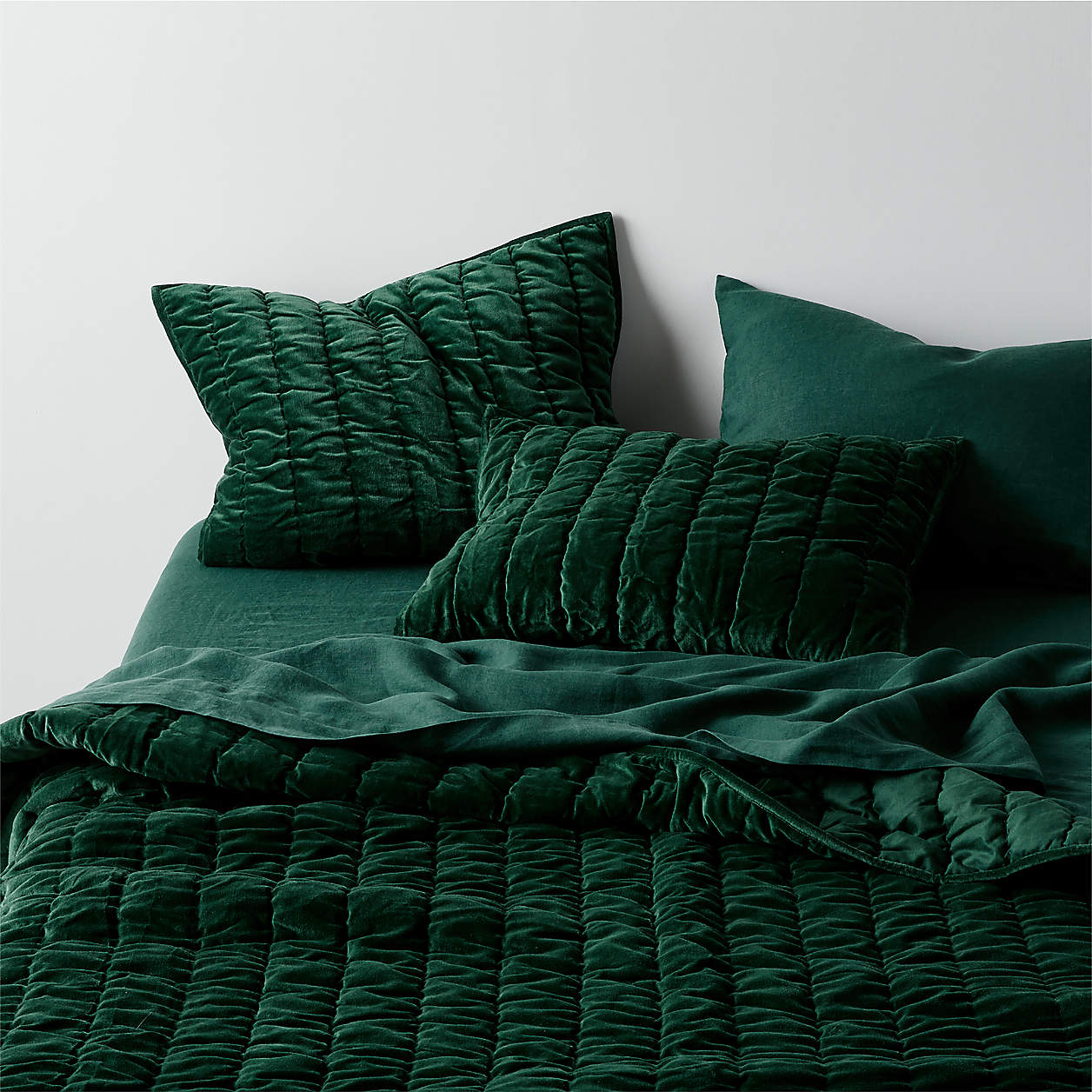 Organic Cotton Velvet Spruce Green Quilts and Pillow Shams Crate & Barrel