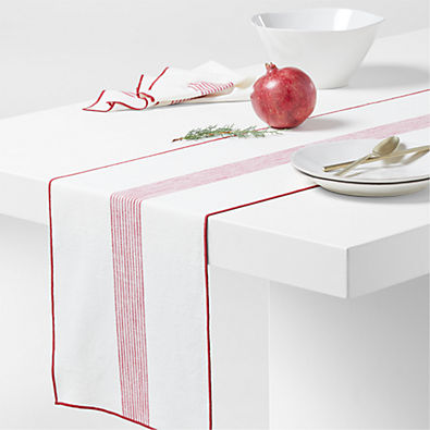 View Mercer Merrow-Stitch Red-Striped Organic Cotton Table Runner 90" details