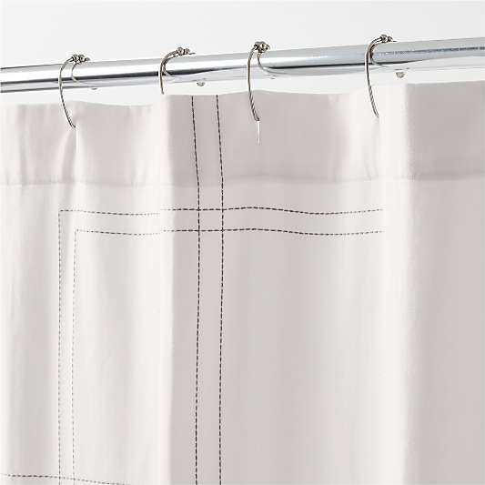 Organic Cotton Sateen Embroidered Bright White and Pewter Grey Shower Curtain