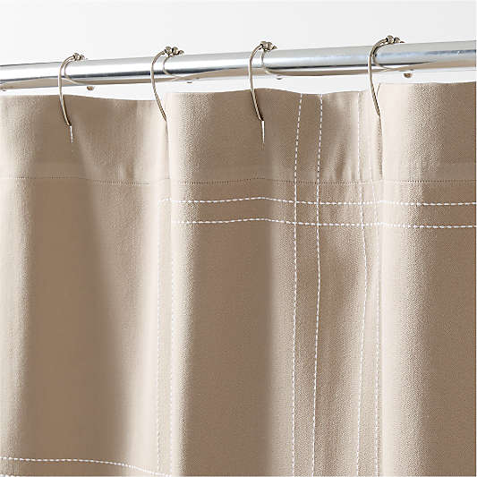 Organic Cotton Sateen Embroidered Taupe and Bright White Shower Curtain