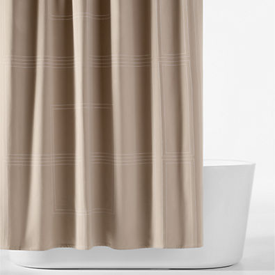 View Organic Cotton Sateen Embroidered Taupe and Bright White Shower Curtain details