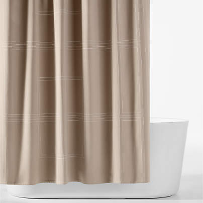 Organic Cotton Sateen Embroidered Taupe and Bright White Shower Curtain