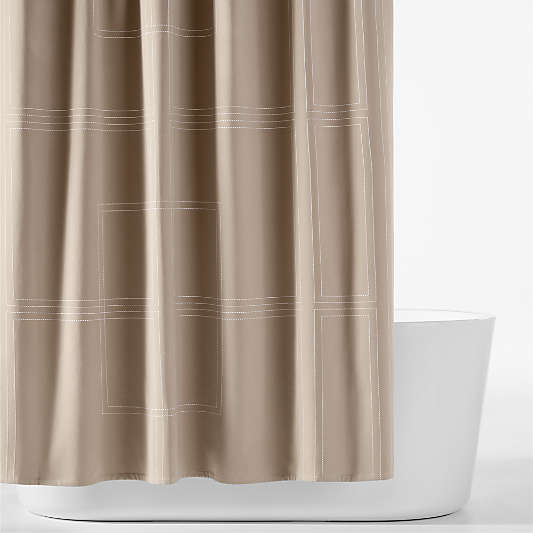 Organic Cotton Sateen Embroidered Taupe and Bright White Shower Curtain