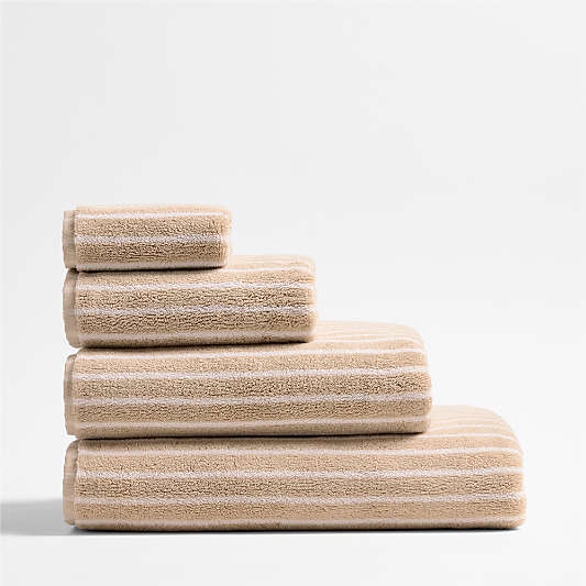 Organic Turkish Cotton Sand Beige and Crisp White Stripe Bath Towels