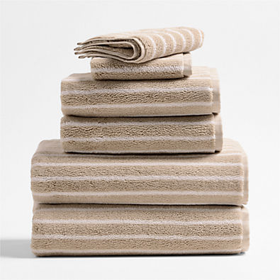 View Organic Turkish Cotton Sand Beige and Crisp White Stripe Bath Towels, Set of 6 details