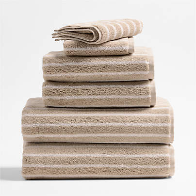Organic Turkish Cotton Sand Beige and Crisp White Stripe Bath Towels, Set of 6