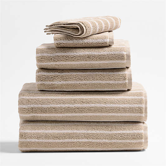 Organic Turkish Cotton Sand Beige and Crisp White Stripe Bath Towels, Set of 6