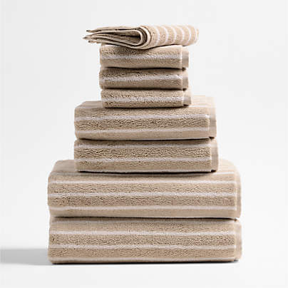 Organic Turkish Cotton Sand Beige and Crisp White Stripe Bath Towels, Set of 8