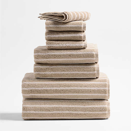 Organic Turkish Cotton Sand Beige and Crisp White Stripe Bath Towels, Set of 8