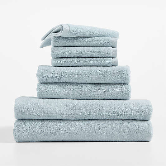 Classic Organic Turkish Cotton Pale Blue Bath Towels, Set of 8