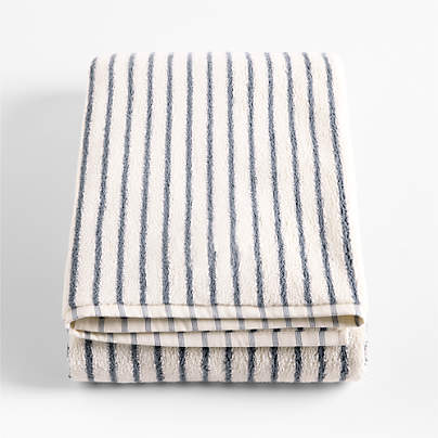 Organic Turkish Cotton Pampas Ivory and Evening Blue Stripe Bath Sheet