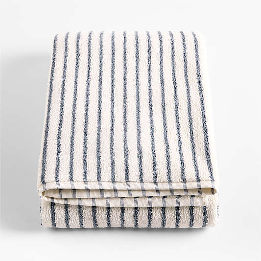 Classic Organic Turkish Cotton Pampas Ivory and Evening Blue Stripe Bath Sheet