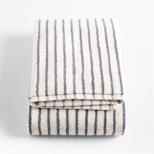 Classic Organic Turkish Cotton Pampas Ivory and Evening Blue Stripe Bath Towel