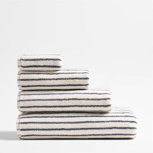 Classic Organic Turkish Cotton Pampas Ivory and Evening Blue Stripe Bath Towels