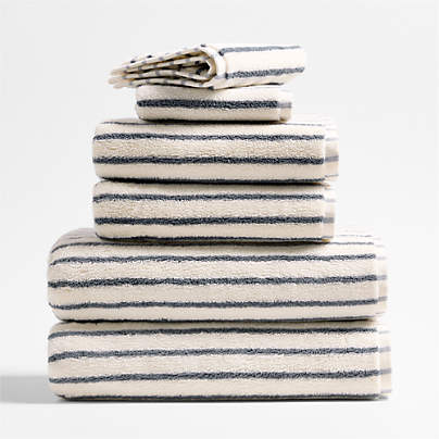 Organic Turkish Cotton Pampas Ivory and Evening Blue Stripe Bath Towels, Set of 6