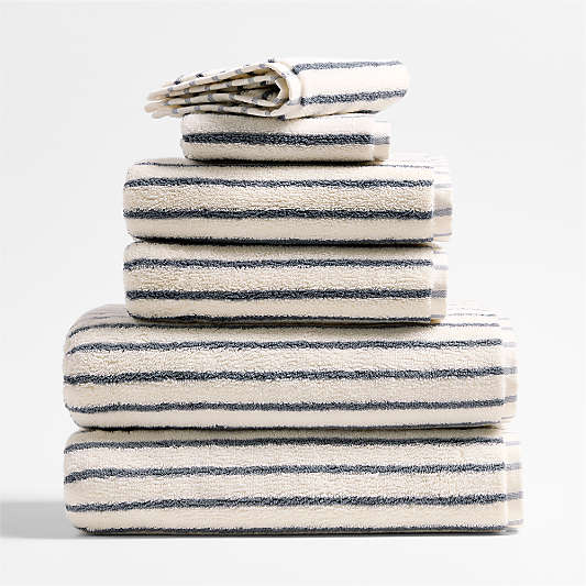 Classic Organic Turkish Cotton Pampas Ivory and Evening Blue Stripe Bath Towels, Set of 6