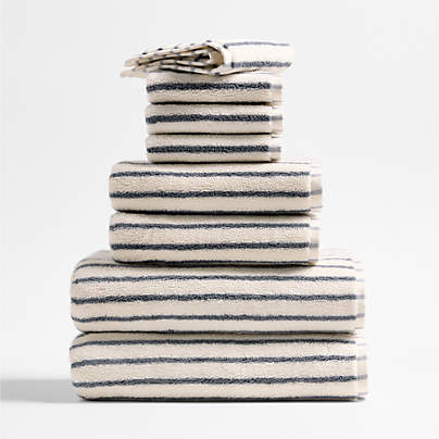 Organic Turkish Cotton Pampas Ivory and Evening Blue Stripe Bath Towels, Set of 8