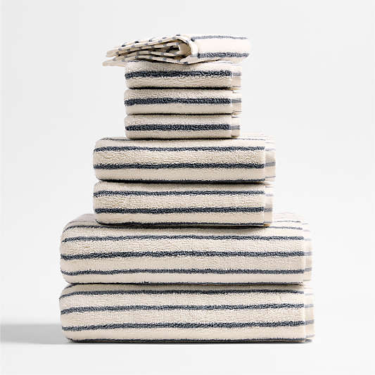 Organic Turkish Cotton Pampas Ivory and Evening Blue Stripe Bath Towels, Set of 8