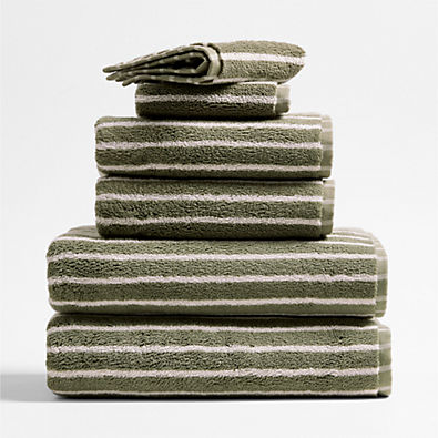 View Organic Turkish Cotton Shadow Sage and Pampas Ivory Stripe Bath Towels, Set of 6 details