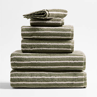 Organic Turkish Cotton Shadow Sage and Pampas Ivory Stripe Bath Towels, Set of 6