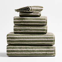 Organic Turkish Cotton Shadow Sage and Pampas Ivory Stripe Bath Towels, Set of 6 + Reviews | Crate & Barrel