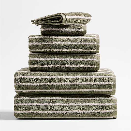 Classic Organic Turkish Cotton Shadow Sage and Pampas Ivory Stripe Bath Towels, Set of 6