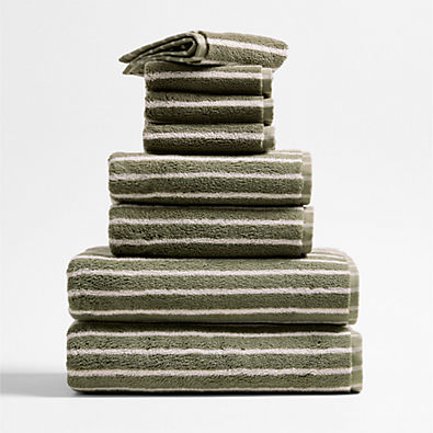 View Classic Organic Turkish Cotton Shadow Sage and Pampas Ivory Stripe Bath Towels, Set of 8 details
