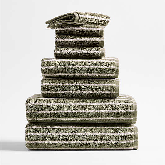 Classic Organic Turkish Cotton Shadow Sage and Pampas Ivory Stripe Bath Towels, Set of 8
