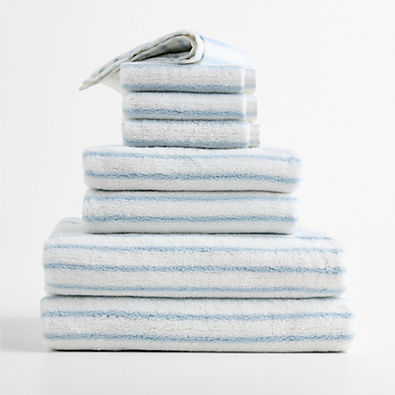 View Classic Organic Turkish Cotton Pale Blue and Crisp White Stripe Bath Towels, Set of 8 details
