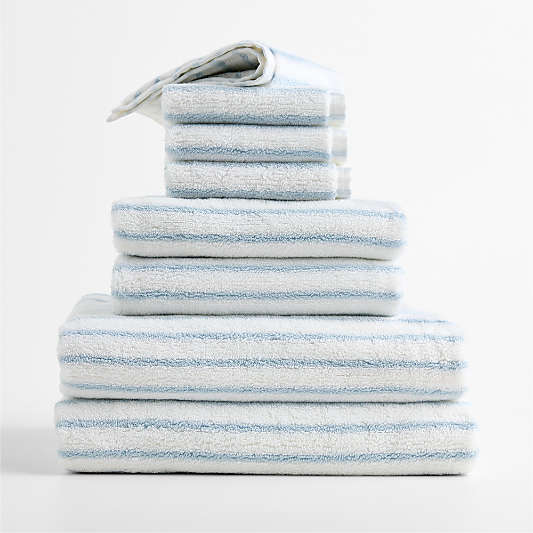 Classic Organic Turkish Cotton Pale Blue and Crisp White Stripe Bath Towels, Set of 8