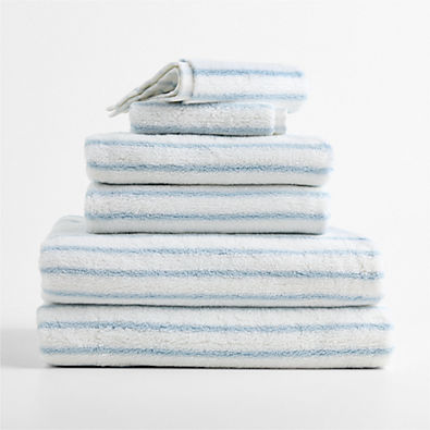 View Classic Organic Turkish Cotton Pale Blue and Crisp White Stripe Bath Towels, Set of 6 details