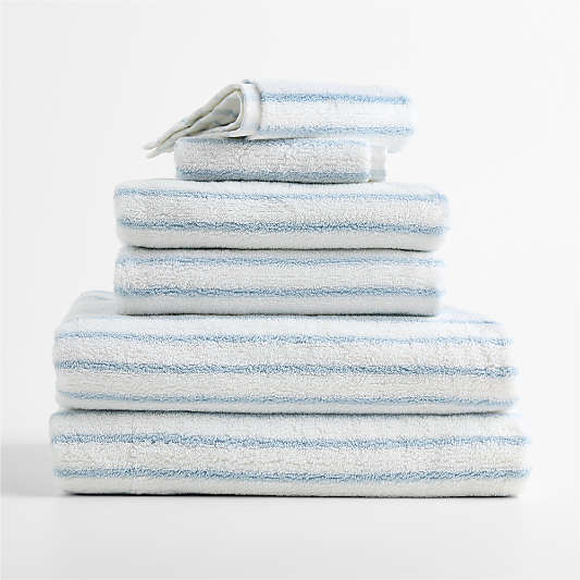 Classic Organic Turkish Cotton Pale Blue and Crisp White Stripe Bath Towels, Set of 6