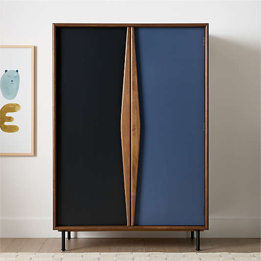 Oren 46" Blue and Natural Walnut Wood Kids Storage Armoire with Chalkboard