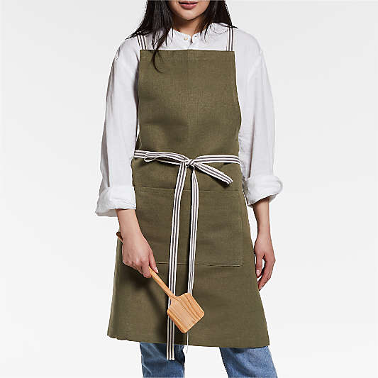 Oslo Cross-Back Green Linen-Organic Cotton Apron with Pocket
