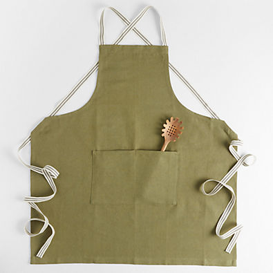 View Oslo Cross-Back Green Linen-Organic Cotton Apron with Pocket details