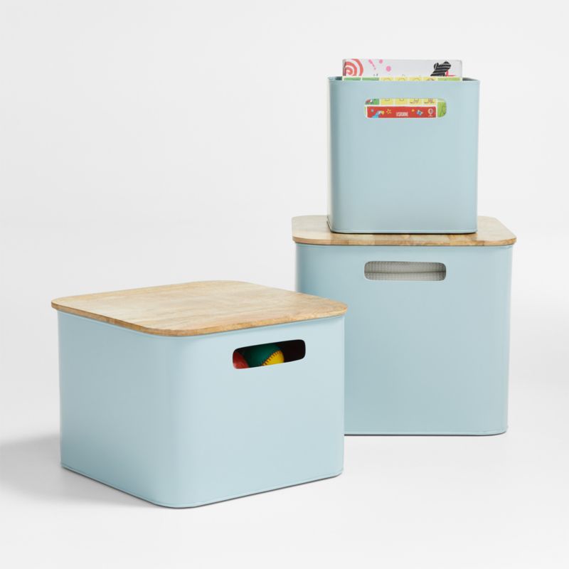 Outline Cloud Blue Large Metal Floor Bin with Wood Lid - image 2 of 7