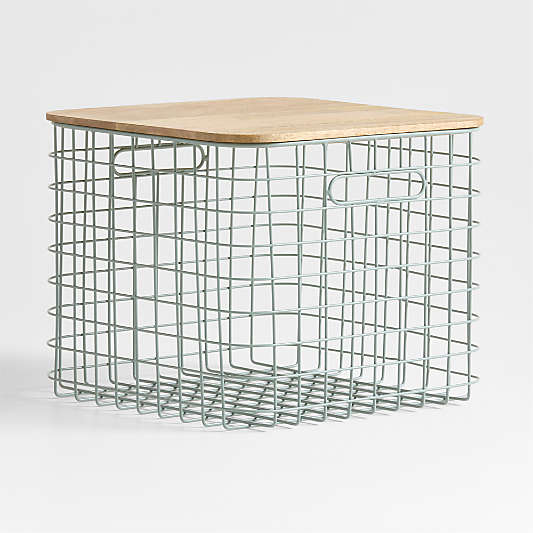 Outline Sage Large Wire Metal Floor Storage Bin with Wood Lid