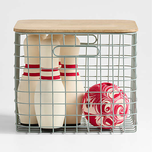 Outline Sage Large Wire Metal Floor Storage Bin with Wood Lid