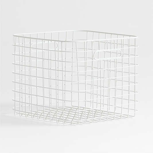 Outline White Large Wire Metal Floor Storage Bin with Wood Lid