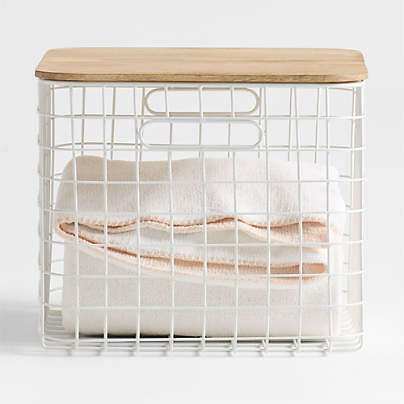 Outline White Large Wire Metal Floor Storage Bin with Wood Lid