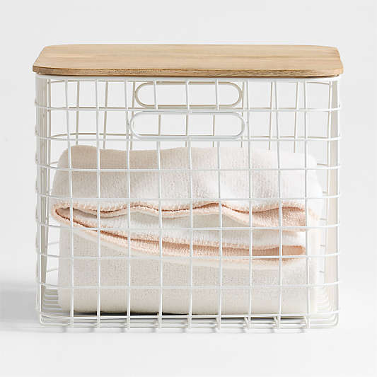 Outline White Large Wire Metal Floor Storage Bin with Wood Lid