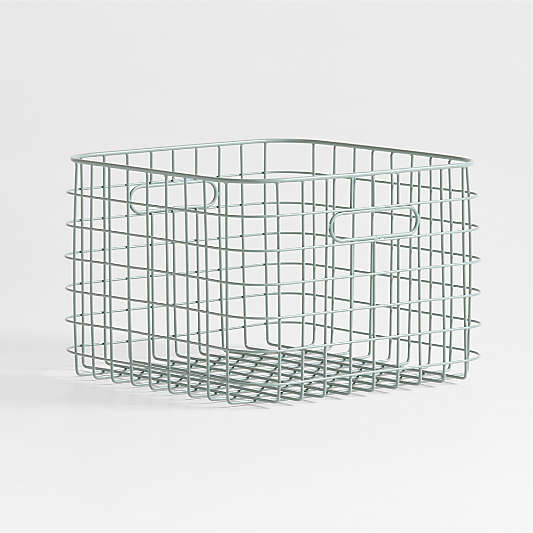 Outline Sage Medium Wire Metal Floor Storage Bin with Wood Lid