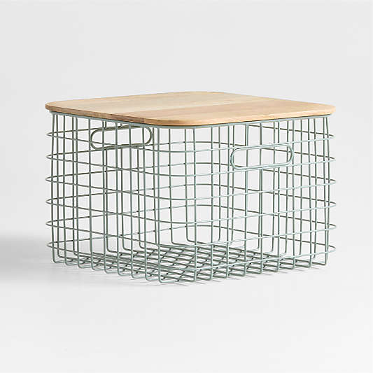 Outline Sage Medium Wire Metal Floor Storage Bin with Wood Lid