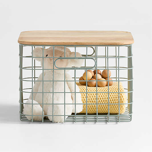 Outline Sage Medium Wire Metal Floor Storage Bin with Wood Lid