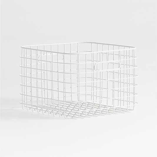 Outline White Medium Wire Metal Floor Storage Bin with Wood Lid