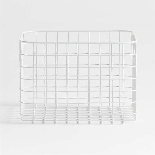 Outline White Medium Wire Metal Floor Storage Bin with Wood Lid