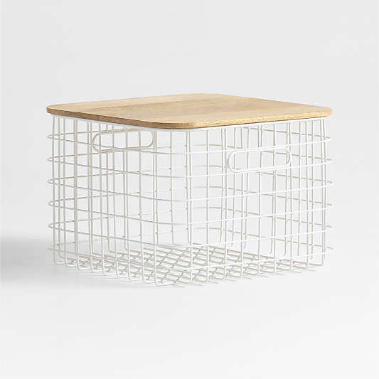 Outline White Medium Wire Metal Floor Storage Bin with Wood Lid