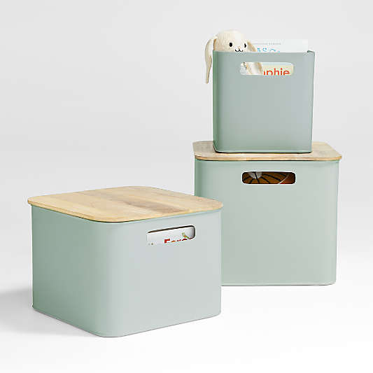 Outline Sage Medium Metal Floor Storage Bin with Wood Lid