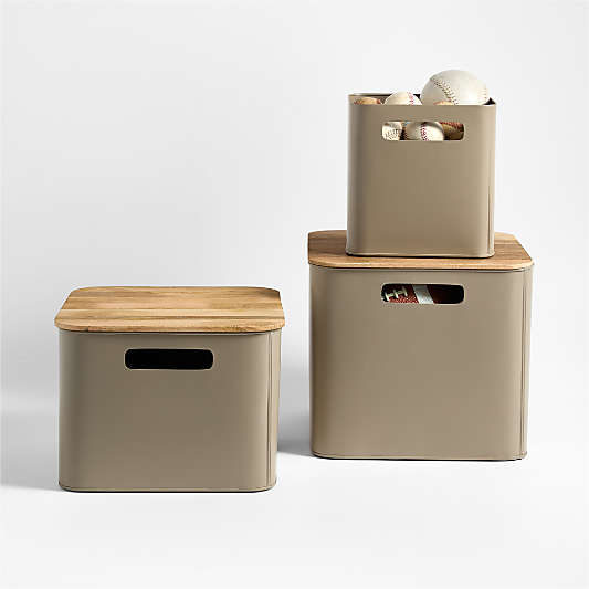 Outline Clay Brown Large Metal Floor Storage Bin with Wood Lid