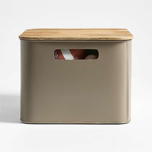 Outline Clay Brown Medium Metal Storage Bin with Wood Lid